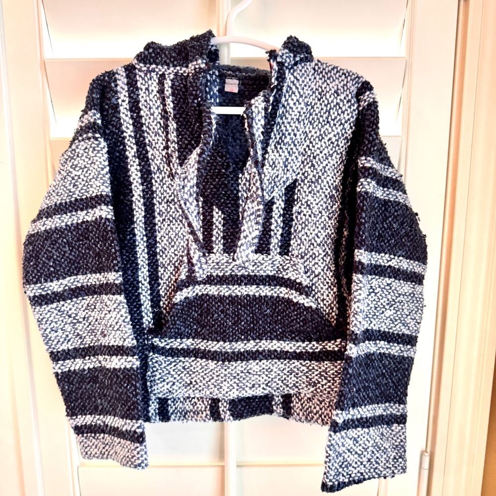 Vintage Style Baja Hoodie Poncho Sweater Kid 4T Black Gray Woven Stripe Pullover